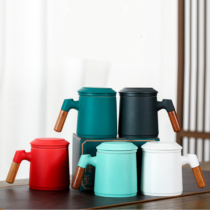 Custom Logo Ceramic Tea Cup with Wood Handle & Strainer