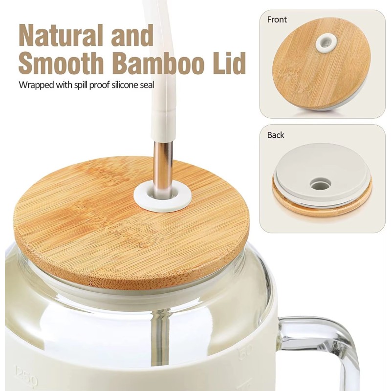 Iced Coffee Reusable Glass Water Bottles Glass Tumbler Bamboo Lid Spill Proof Straw with Handle Silicone Sleeve