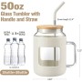 Iced Coffee Reusable Glass Water Bottles Glass Tumbler Bamboo Lid Spill Proof Straw with Handle Silicone Sleeve