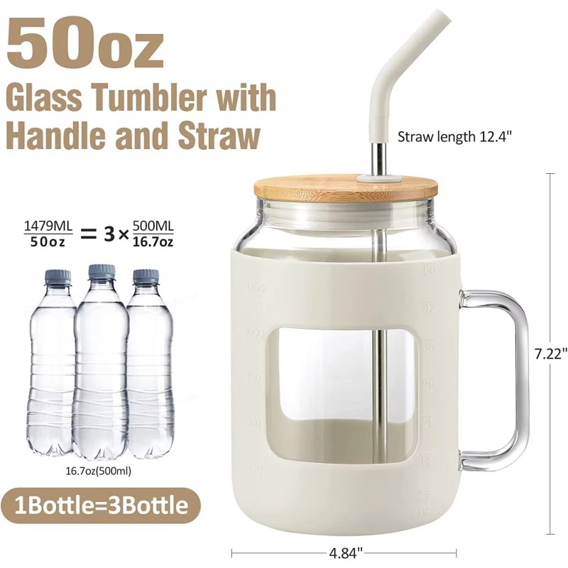 Iced Coffee Reusable Glass Water Bottles Glass Tumbler Bamboo Lid Spill Proof Straw with Handle Silicone Sleeve