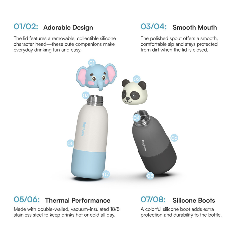 New Cartoon Cute Insulated Sport Vacuum Double Wall Water Bottle Stainless Steel Water Bottle with Lid