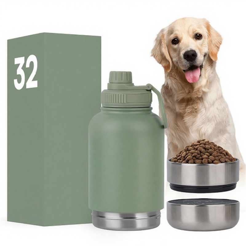 Large Capacity 3 in 1 32oz Portable Pet Dog Water Bottle Bowls Stainless Steel Insulated Outdoor Travel Bowl Drinking Bottle