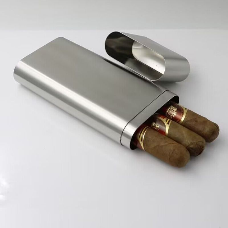 Wholesale 3 Finger Carrying Stainless Steel Travel PU Leather Cover Cigar Travel Case with Cutter Humidor Cigar Cases