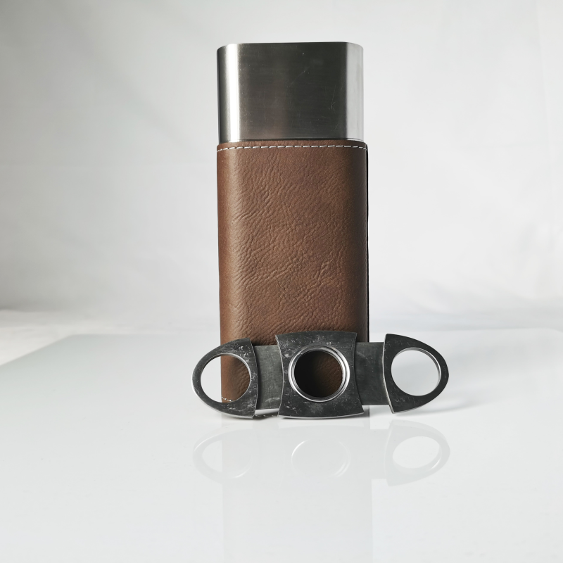 Wholesale 3 Finger Carrying Stainless Steel Travel PU Leather Cover Cigar Travel Case with Cutter Humidor Cigar Cases