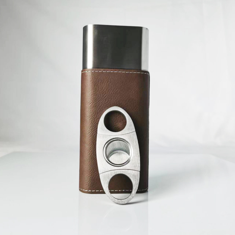 Wholesale 3 Finger Carrying Stainless Steel Travel PU Leather Cover Cigar Travel Case with Cutter Humidor Cigar Cases