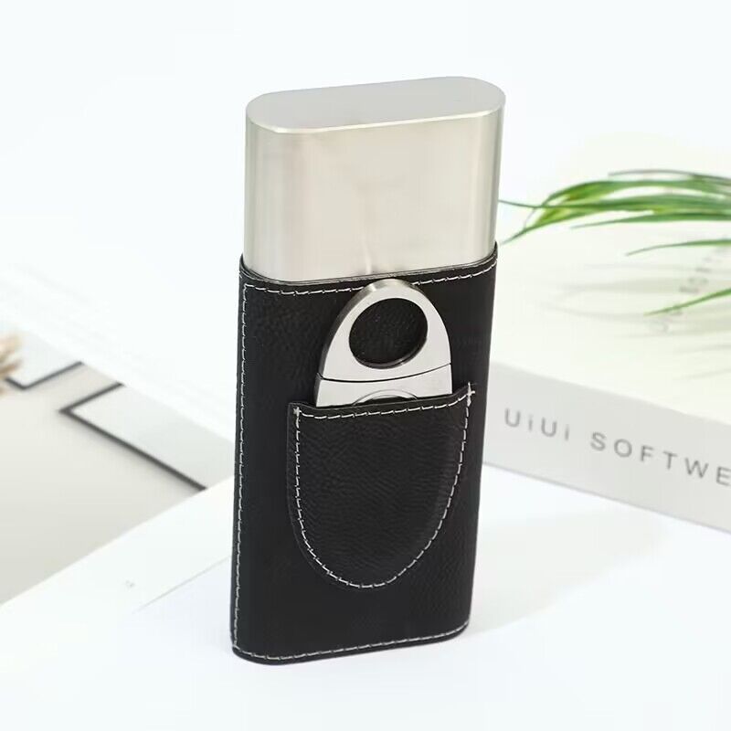 Wholesale 3 Finger Carrying Stainless Steel Travel PU Leather Cover Cigar Travel Case with Cutter Humidor Cigar Cases