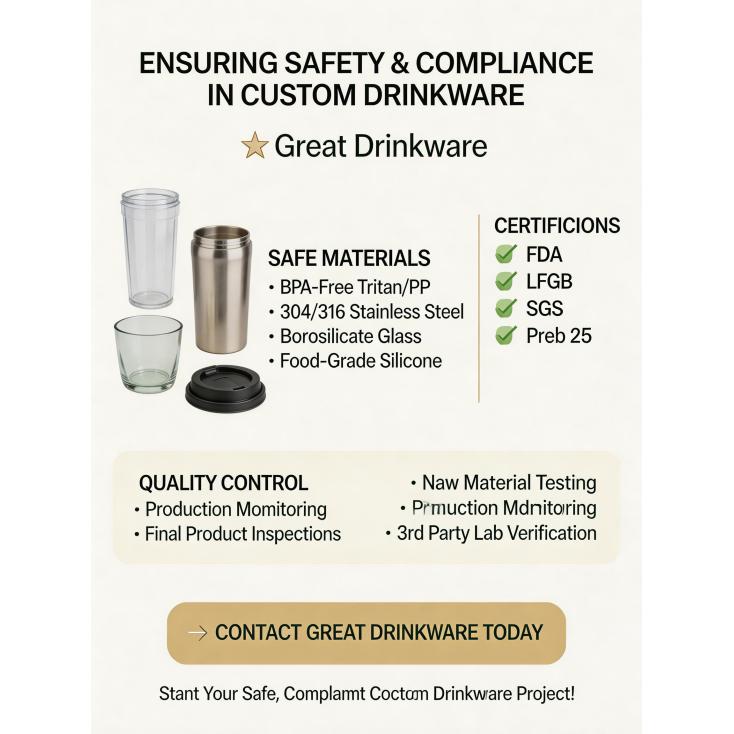 How to ensure the safety and compliance (e.g., BPA-free, food-grade) of materials used in custom drinkware production?