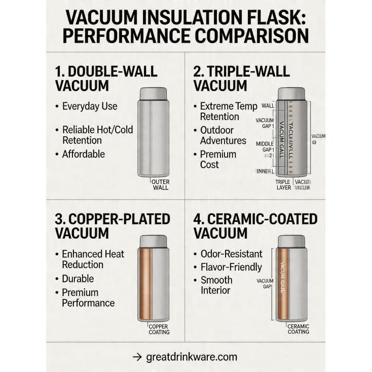What are the performance differences between various types of vacuum insulation technology used in flasks?