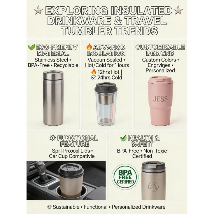 What are the current market trends and popular features in insulated drinkware and travel tumblers?