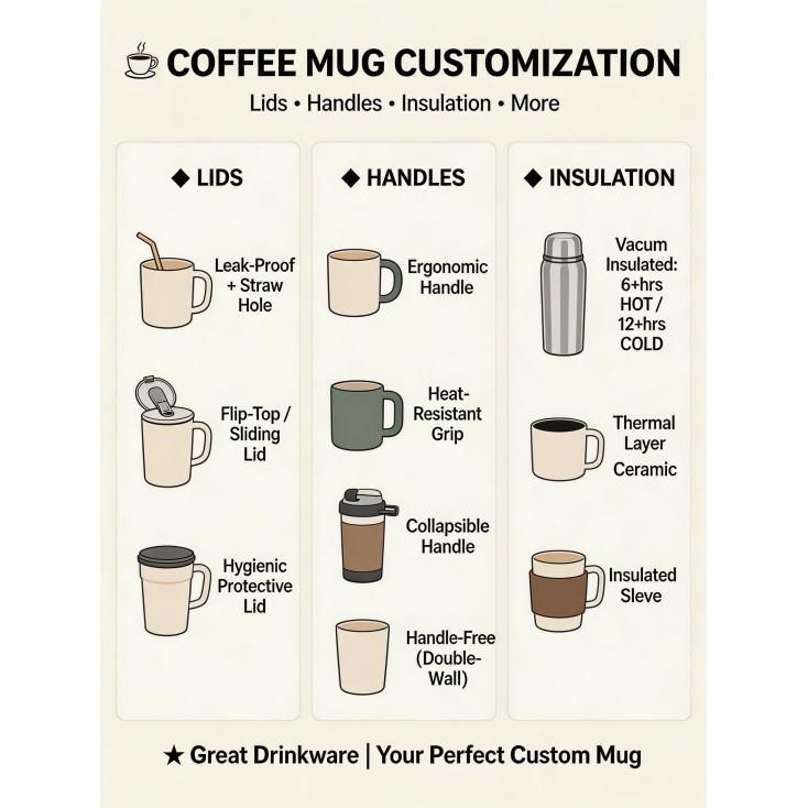 What are the common customization options available for coffee mugs, such as lids, handles, and insulation?