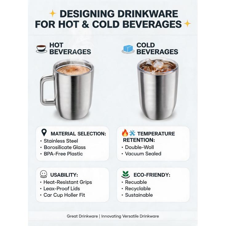 What are the considerations for designing drinkware suitable for both hot beverages (coffee) and cold drinks?