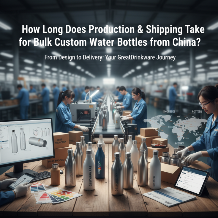 How long does the production and shipping process usually take for a bulk order of custom water bottles from China?