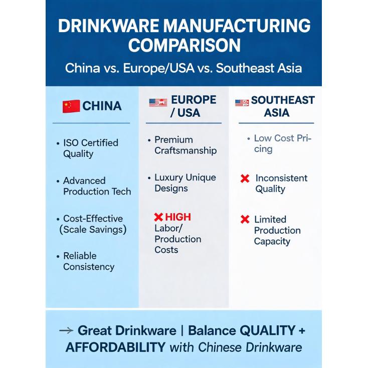How does the quality and price of drinkware from China compare to other manufacturing regions?