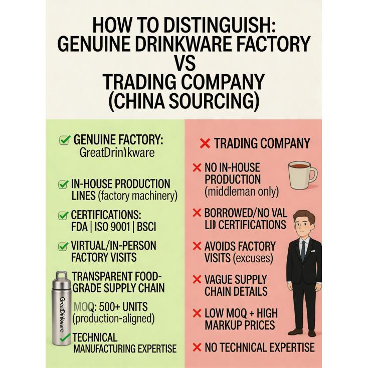 How to distinguish between a genuine drinkware factory and a trading company when sourcing from China?