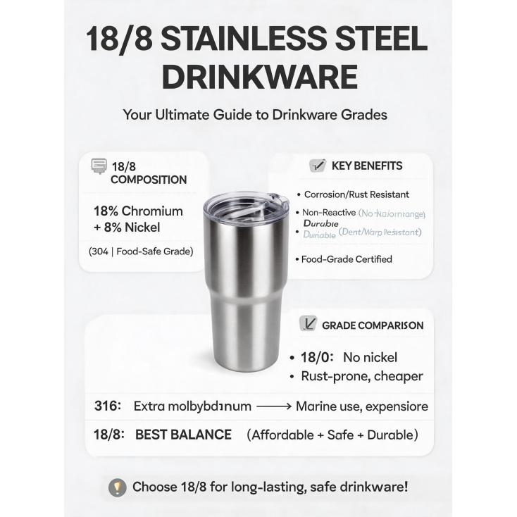 What's the difference between 18/8 and other grades of stainless steel used in drinkware?