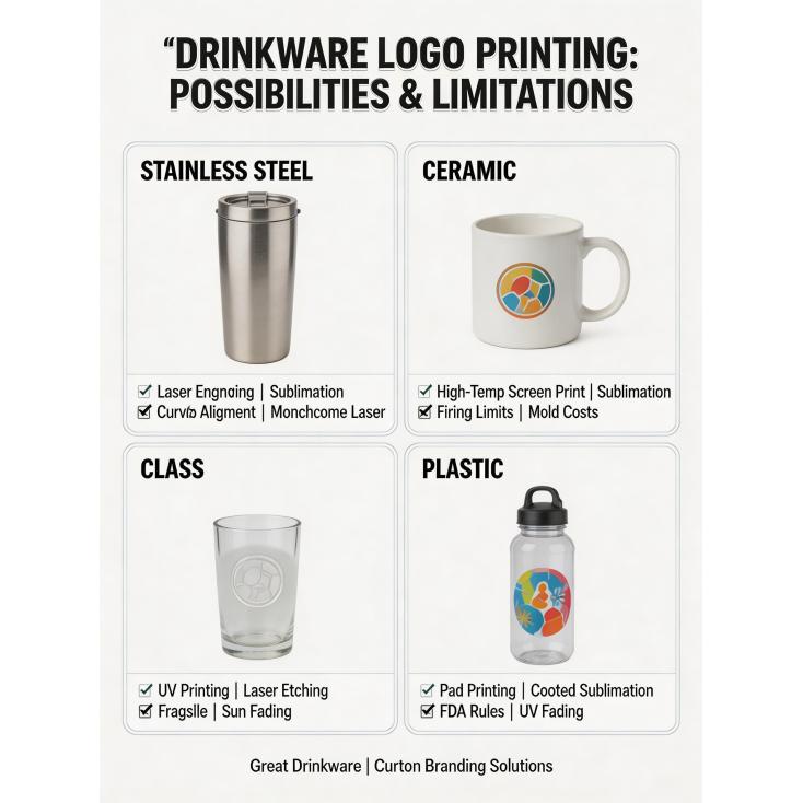 What are the possibilities and limitations for logo printing and graphic design on different types of drinkware?