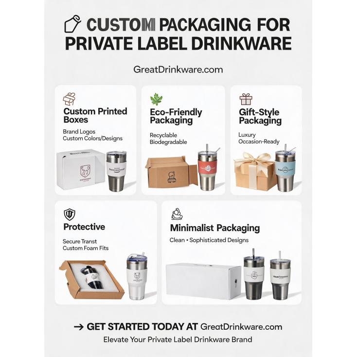 What are the options for custom packaging for private label drinkware brands?
