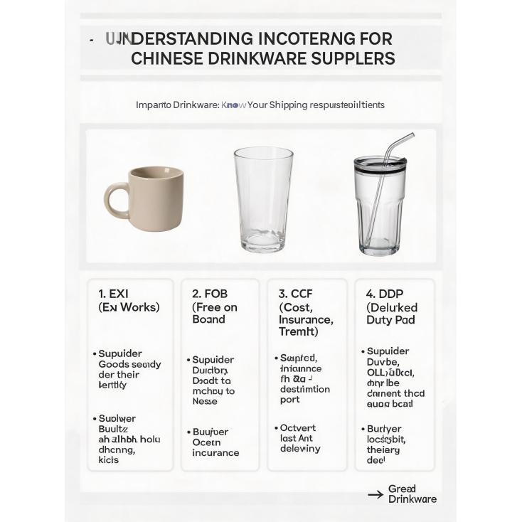What are the common Incoterms offered by Chinese drinkware suppliers, and what responsibilities do they cover?
