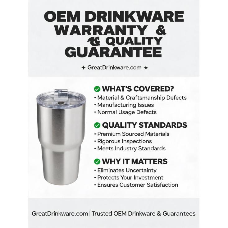 What is the standard warranty or quality guarantee offered for OEM drinkware products?