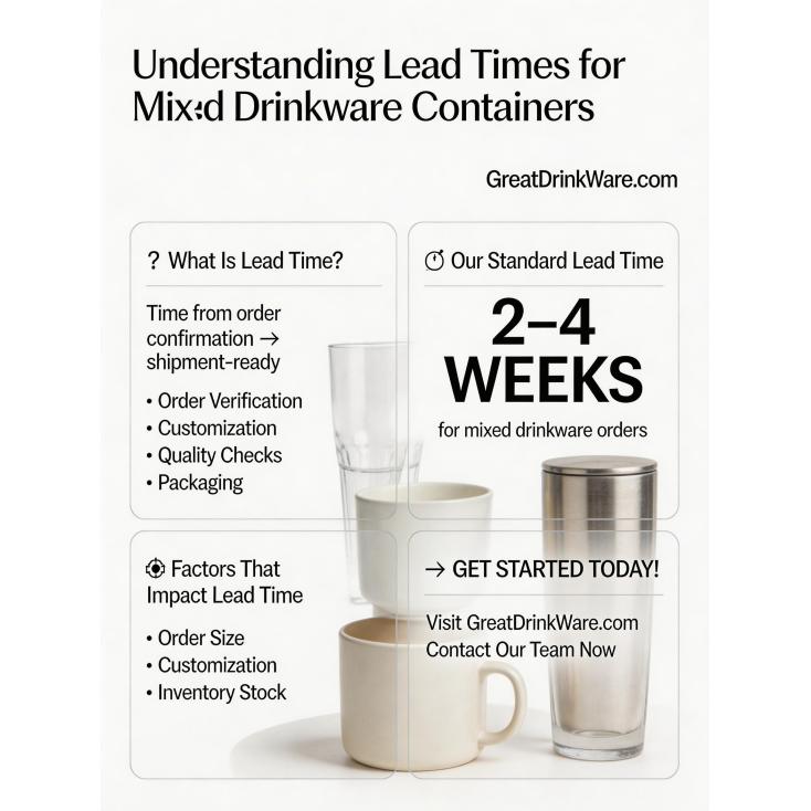 What is the lead time from order confirmation to goods being ready for shipment for a mixed container of various drinkware?