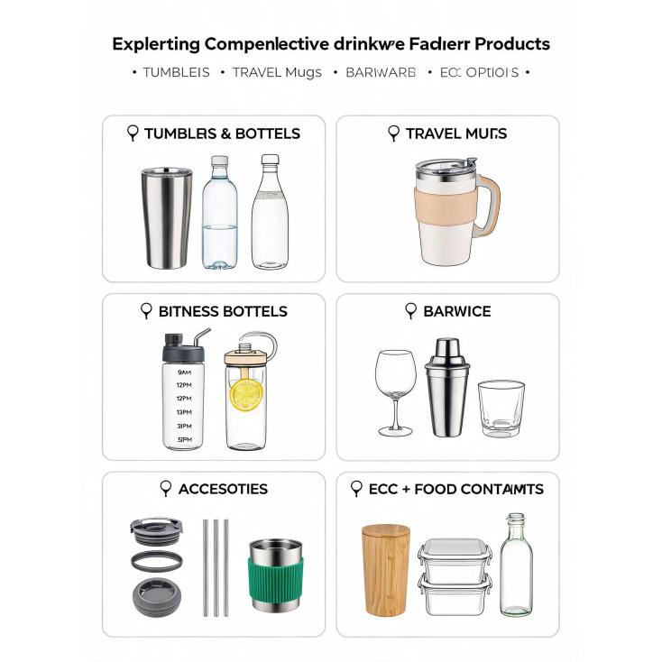What is the full range of drinkware products a comprehensive factory typically produces (from tumblers to food containers)?