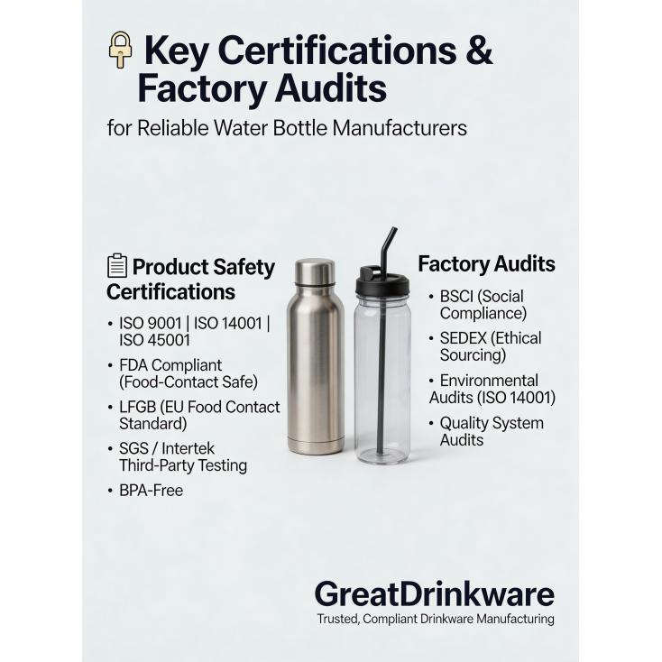 What certifications or factory audits should a reliable water bottle manufacturer typically have?