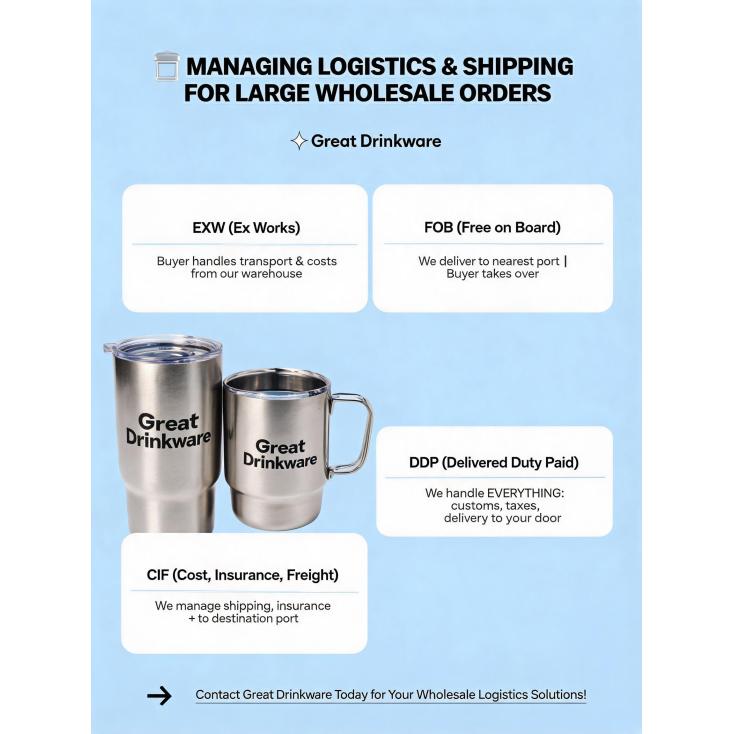 How do you manage logistics and shipping for large wholesale orders, including Incoterms options?