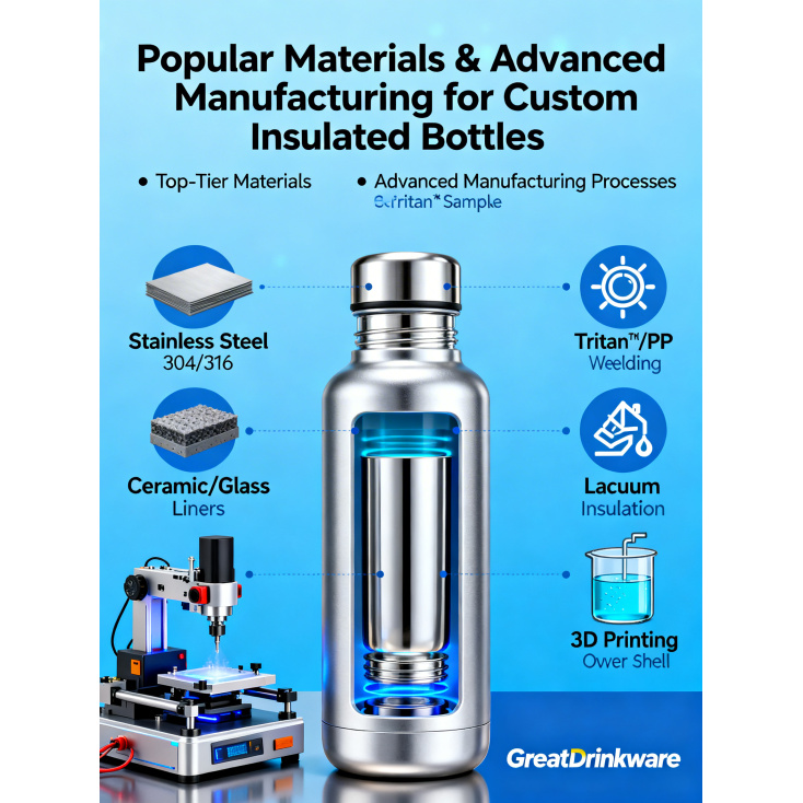 What are the most popular materials and advanced manufacturing processes used for custom insulated bottles?