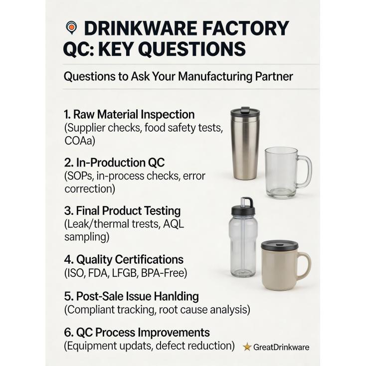 What are the key questions to ask a potential drinkware factory about their quality control processes?