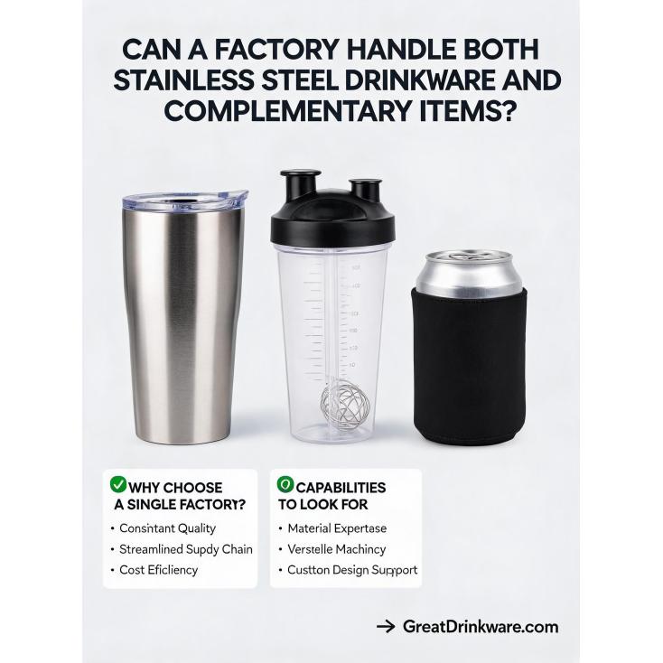 Can a factory handle both stainless steel drinkware and complementary items like can coolers or shaker bottles?
