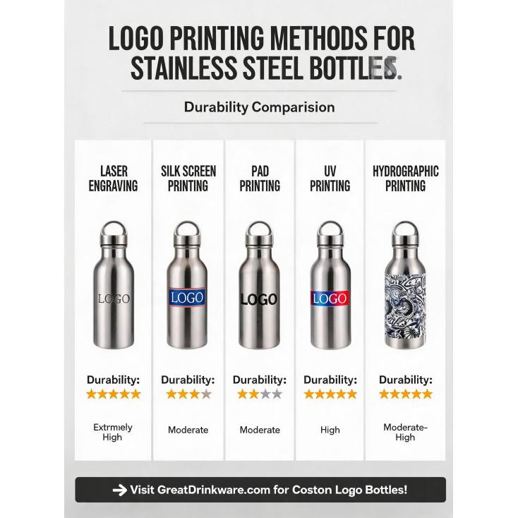 What are the common methods for logo printing on stainless steel bottles (laser engraving, silk screen, etc.) and their durability?