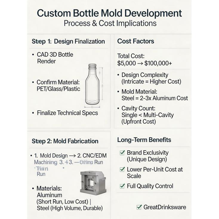 What is the process and cost implication for developing a custom mold (private mold) for a unique bottle design?