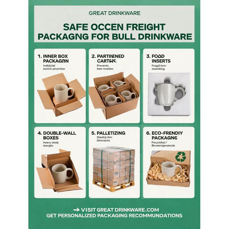 What packaging options are available for bulk drinkware to ensure safe ocean freight shipping?