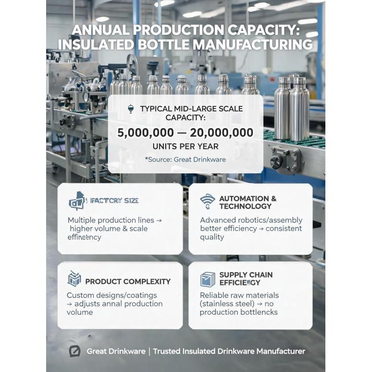 What is the typical annual production capacity of a mid-to-large scale drinkware factory for insulated bottles?
