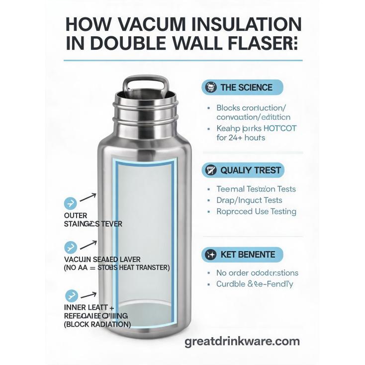 How is the vacuum insulation technology implemented in double wall flasks, and how is its longevity tested?
