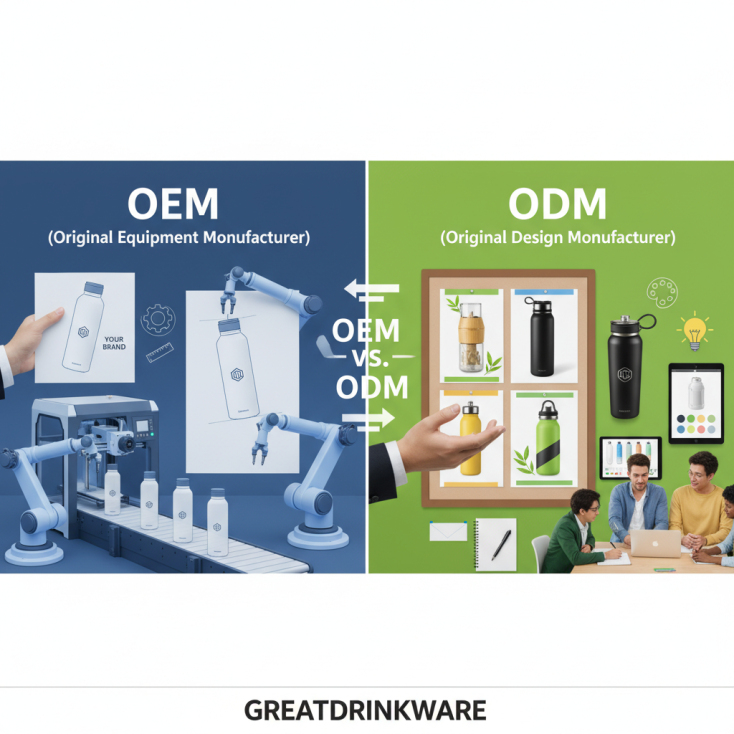 What are the key differences between OEM and ODM services offered by drinkware suppliers?
