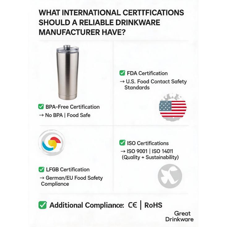 What international certifications (like BPA-free, FDA, LFGB) should a reliable drinkware manufacturer have?