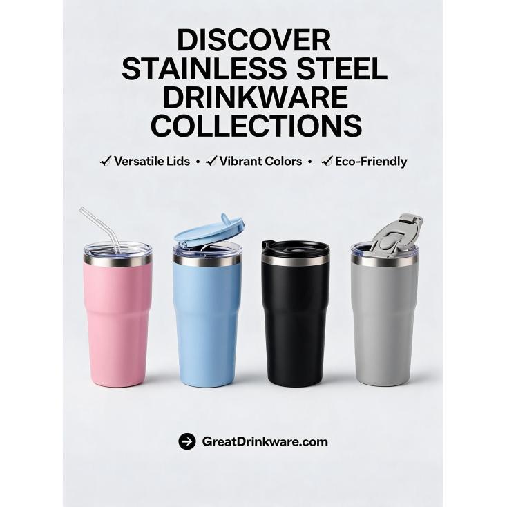 Are there stainless steel drinkware collections that combine different lid designs and colors for retail chains?