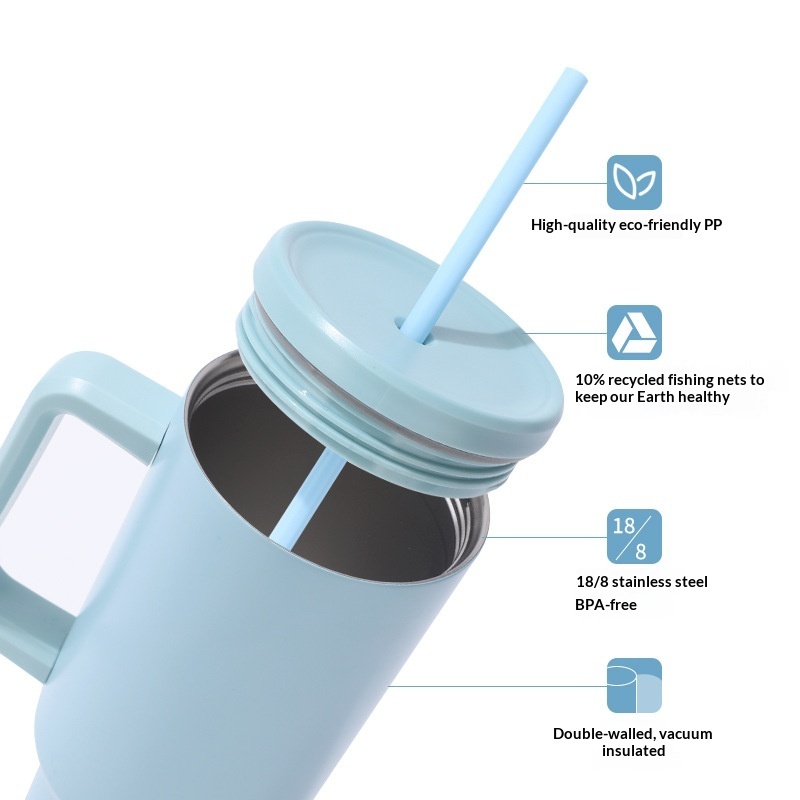 Outdoor 40 oz 304 Stainless Steel Handle Car Cup with Suction Tube & Double Ice Design 6-12 Hours Thermal Insulation Wholesale