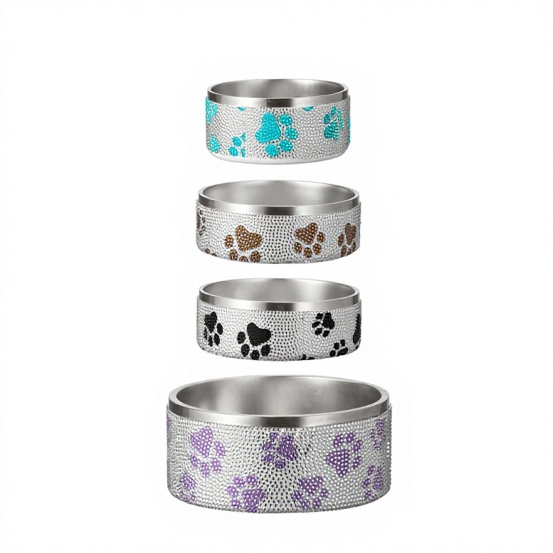 Stainless Steel Round Dog Feeding Bowl with Buckle and Diamond Design-Cross-Border Wholesale