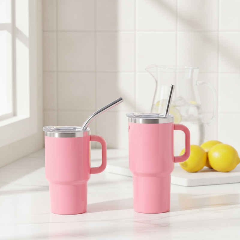 US Warehouse New Style  Insulated Double Wall Stainless Steel Tumbler Powder Coating Regular Handle Plastic Straw Vacuum