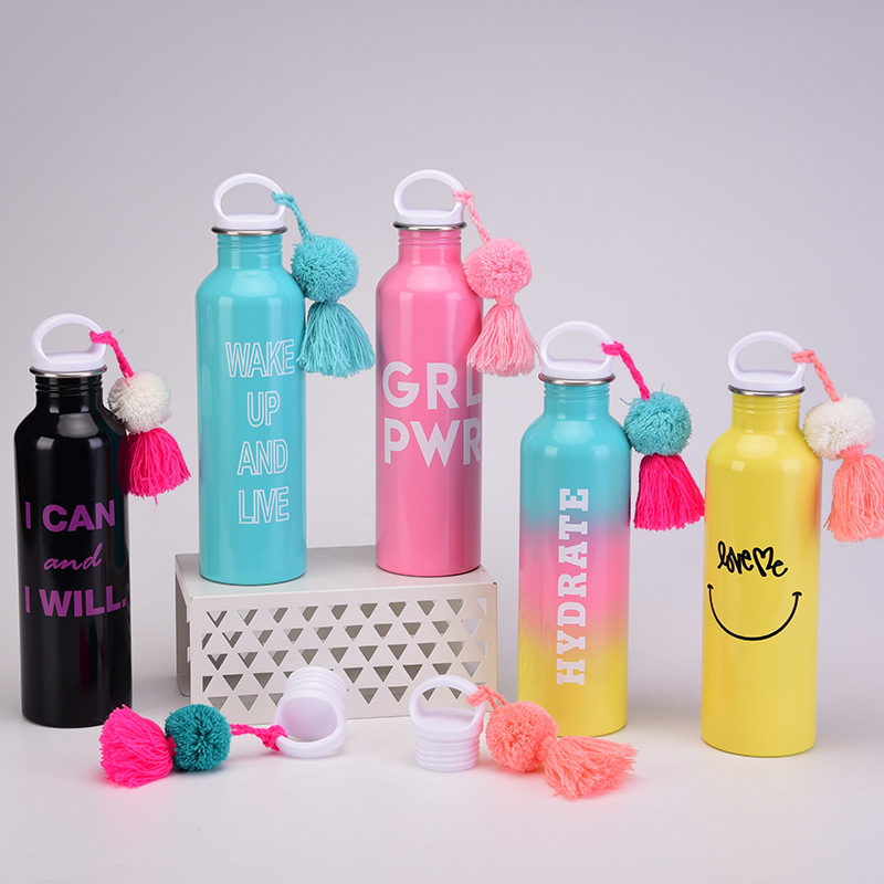 2026 New Classic Stainless Steel Vacuum Water Bottle Tassel Fur Ball Outdoor Sports Large Capacity Handle Portable