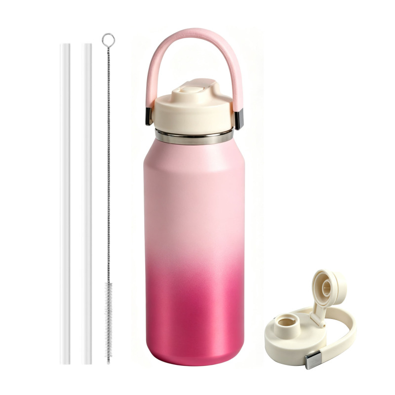 Wide Mouth BPA Free Double Wall Stainless Steel Custom Logo Vacuum Flask  Water Bottle with Straw Lids and Handle
