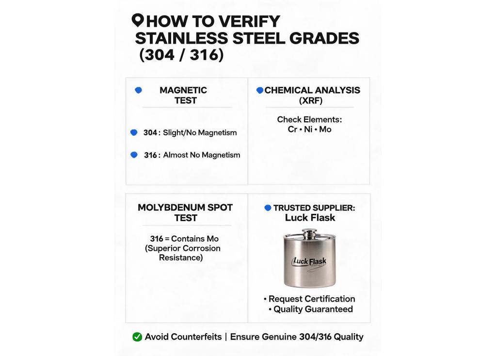 How can I verify the authenticity of stainless steel grade (304/316) used in the products?