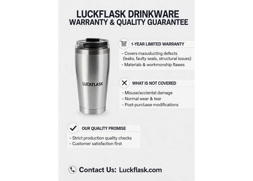What is the standard warranty or quality guarantee period for drinkware products?