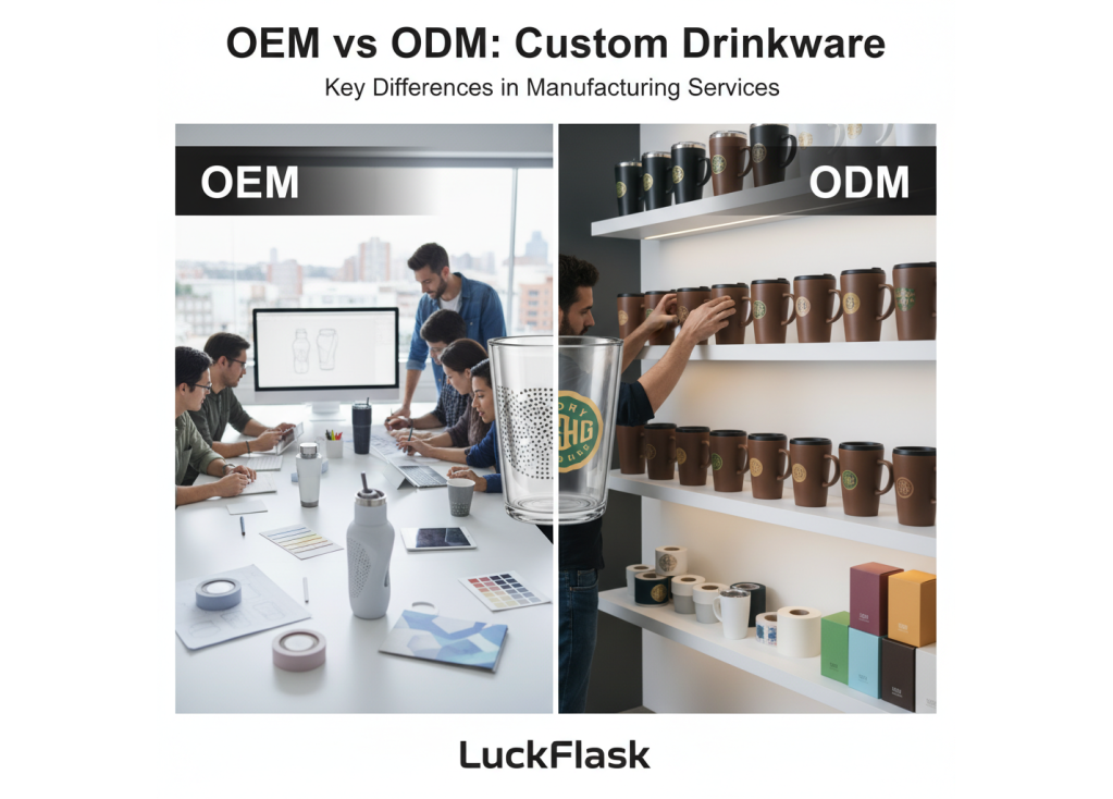 What are the key differences between OEM and ODM services for custom drinkware?