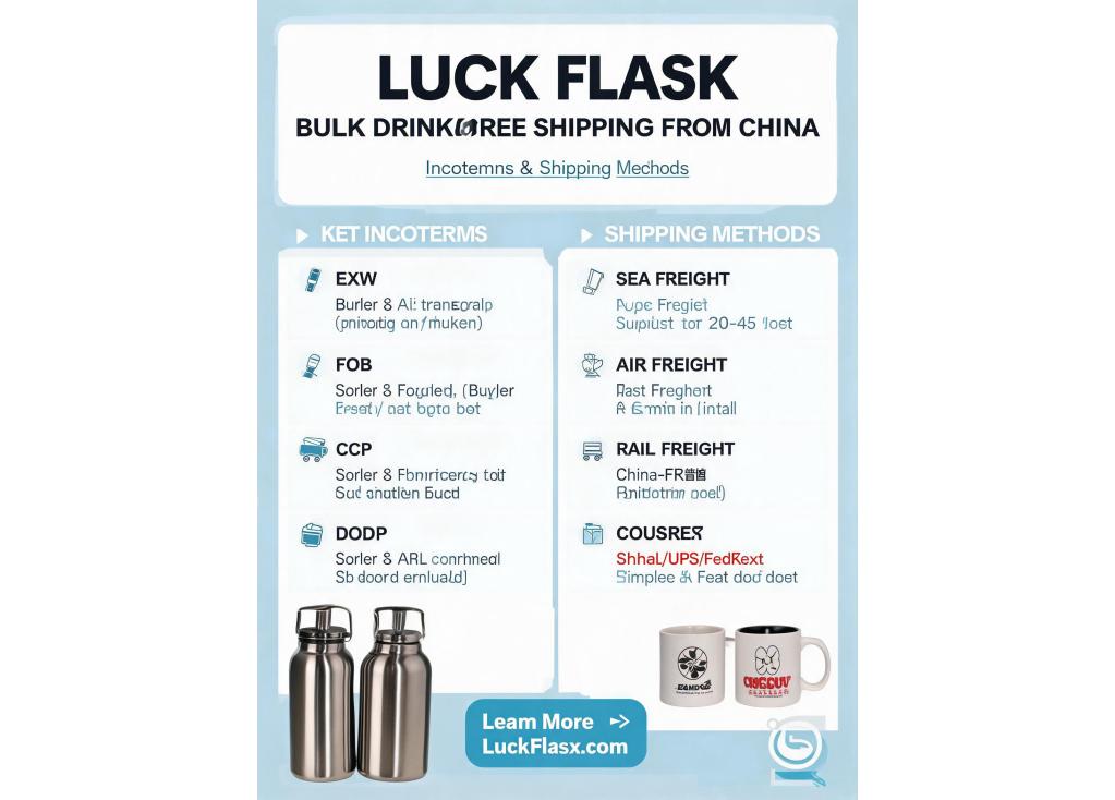 What are the common incoterms and shipping methods for bulk drinkware orders from China?