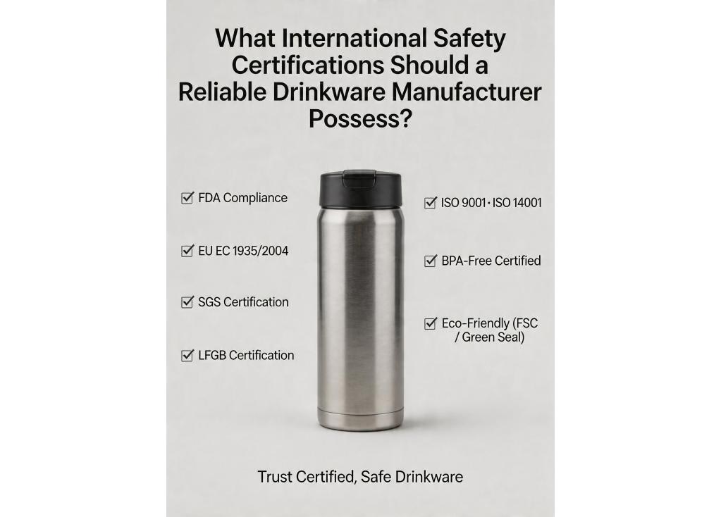 What international safety certifications should a reliable drinkware manufacturer possess?