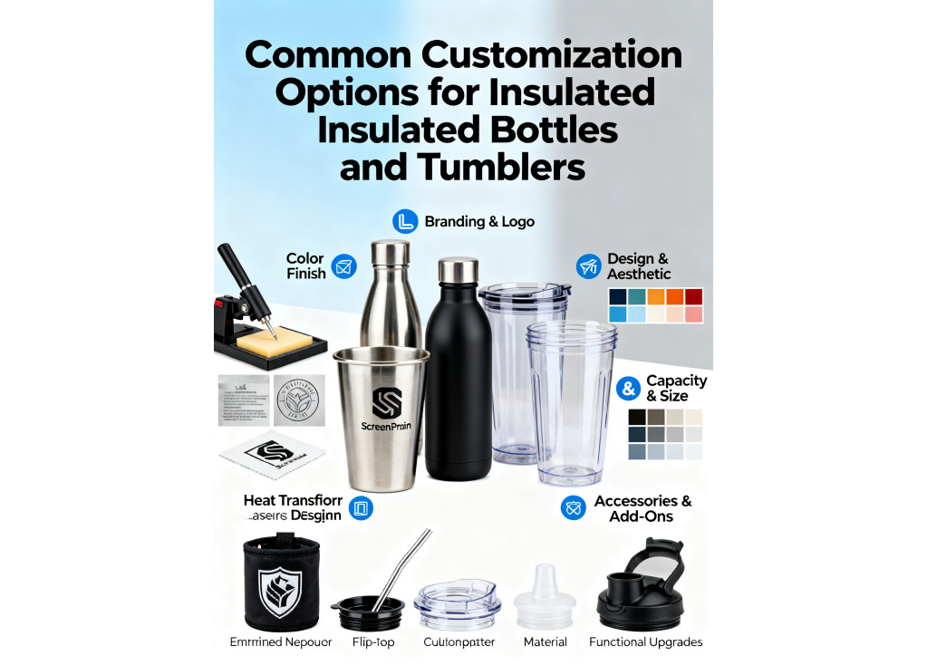 What are the common customization options available for insulated bottles and tumblers?