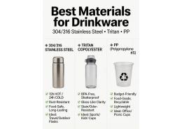 Which materials (e.g., 304/316 stainless steel, Tritan, PP) are best for different types of drinkware?